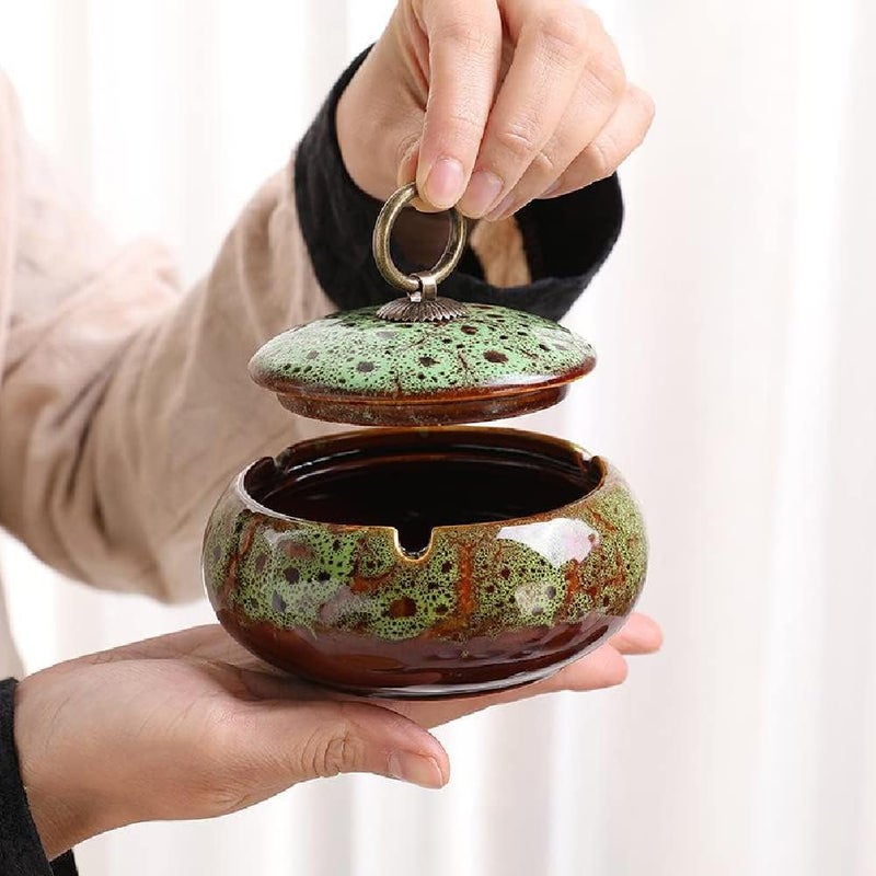 AZOFIA Handmade Ceramic Ashtray with Lids, Exquisite Pattern Ash Holder for Patio Desktop Office Smokers, Ash Tray for Indoor Tabletop Home Office Decor (Mix Green, M-Size) - Image 2